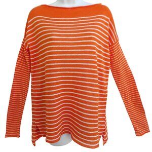 LiNeN Vince Striped Knit Top Bateau Neck Side Vents High Low Orange White XS